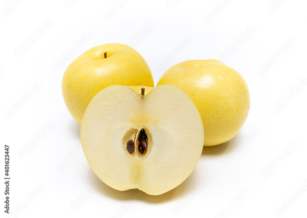 Organic Chinese pear or Korean snow pear isolated on white background. Ripe Japanese nashi have golden color, sweet taste, crisp and juicy. Delicious fresh fruit concept. Organic Chinese pear or Korean snow pear isolated on white background. Ripe Japanese nashi have golden color, sweet taste, crisp and juicy. Delicious fresh fruit concept.