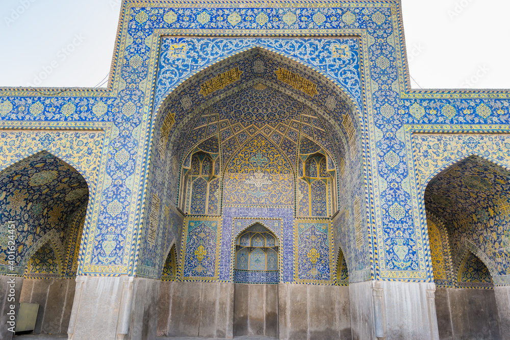 Iwans in the main courtyard of the Shah Mosque, located on the south side of Naghsh-e Jahan Square, Isfahan, Iran.
