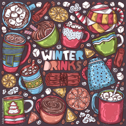Hand drawn colorful set of winter hot drinks. Coffee, cocoa, hot chocolate with whipped cream and marshmallow. Sketch collection. Christmas bar menu. Cozy lifestyle. Vector illustration