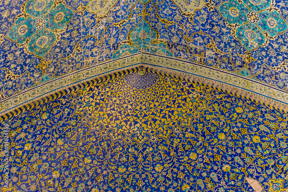 Interior view of the lofty dome covered with polychrome tiles of the Shah Mosque, which is situated on the south side of  Naqsh-e Jahan Square