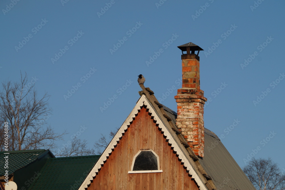 Russia, village: roof of a house with a chimney