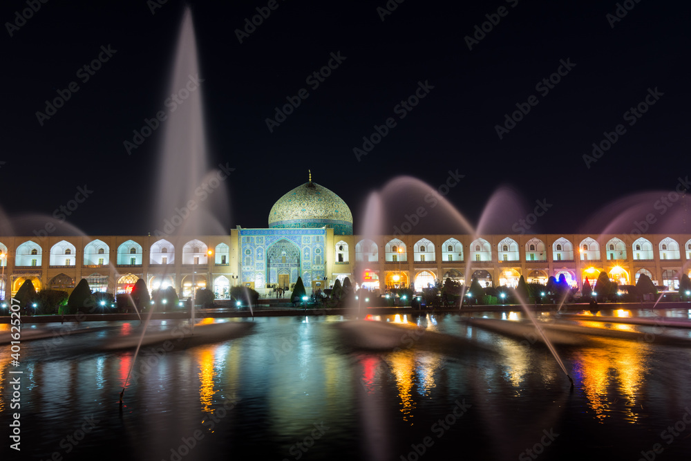 Night view of Sheikh Lotf Allah Mosque with fountain, situated on the eastern side of  Naqsh-e Jahan Square,an important historical site in Iran