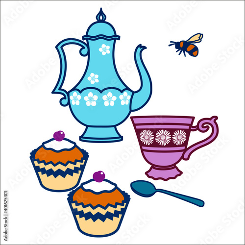 Placement print with teacup, teapot, cupcakes, teaspoon and bee.