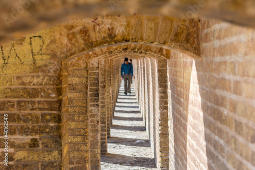 Arches of Allahverdi Khan Bridge, also known as Si-o-seh pol or bridge of thirty-three spans, Esfahan, Iran.
