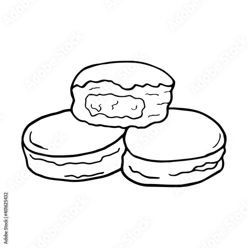 Vector hand drawn doodle berliner fried dough food. German dessert. Design sketch element for menu cafe, restaurant, label and packaging. Illustration on a white background.