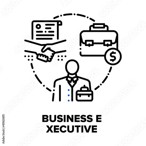Business Executive Worker Vector Icon Concept. Executive Businessman Have Successful Meeting With Partner And Signing Contract, Manager Organization And Perfect Work Black Illustration