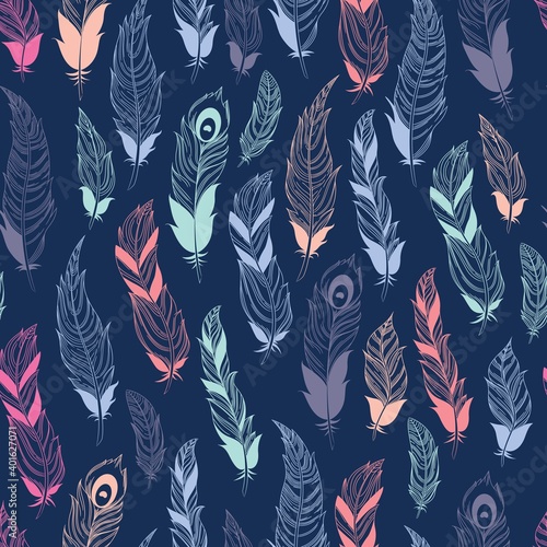 Vector seamless feathers pattern in boho style 