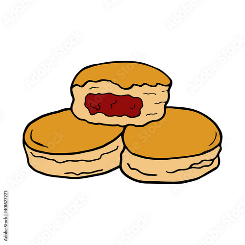Vector hand drawn doodle berliner fried dough food. German dessert. Design sketch element for menu cafe, restaurant, label and packaging. Colorful illustration on a white background.