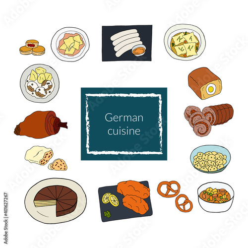Vector hand drawn doodle set of German cuisine. Design sketch elements for menu cafe, restaurant, label and packaging. Colorful illustration on a white background.