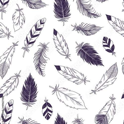 Vector seamless feathers pattern in boho style
