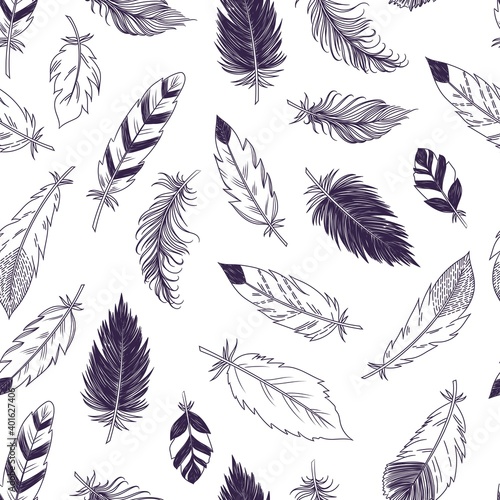 Vector seamless feathers pattern in boho style 