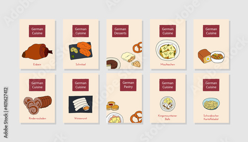 Hand drawn poster set with German cuisine dish. Design sketch element for menu cafe, bistro, restaurant, bakery and packaging.  Vector illustration.