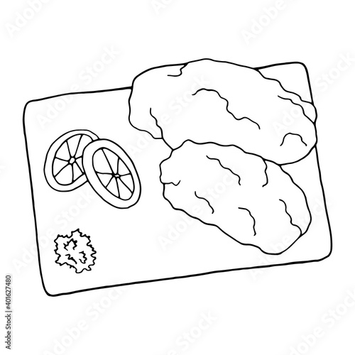 Vector hand drawn doodle schnitzel. German cuisine dish. Design sketch element for menu cafe, restaurant, label and packaging. Illustration on a white background.