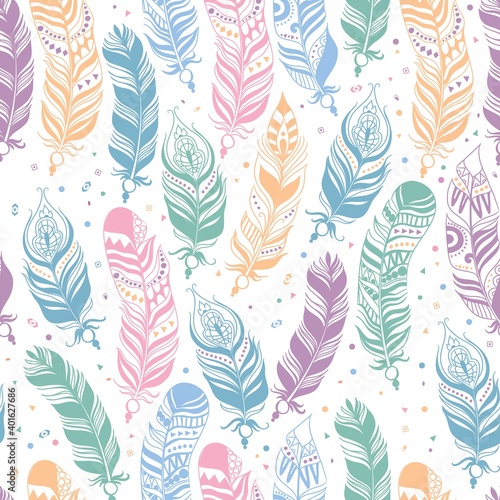 Vector seamless feathers pattern in boho style
