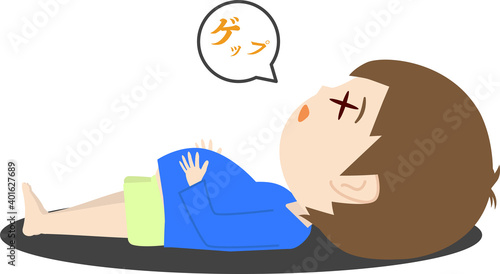 お腹が破裂しそうなくらい食べすぎた可愛子供のイラスト