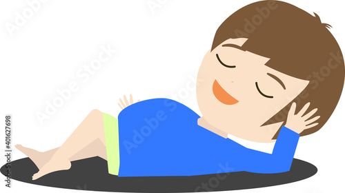 お腹がいっぱいで寝る幸せそうな男の子供のイラスト