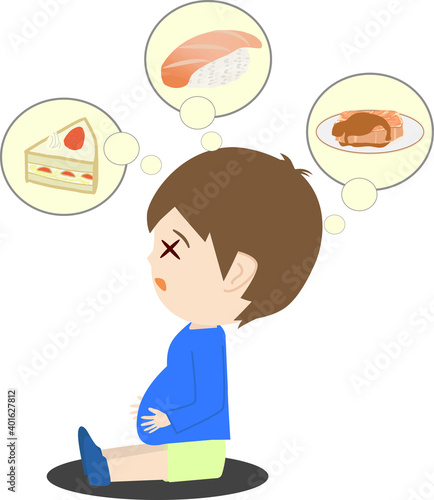 いっぱい食べすぎてお腹が膨れる子供のイラスト