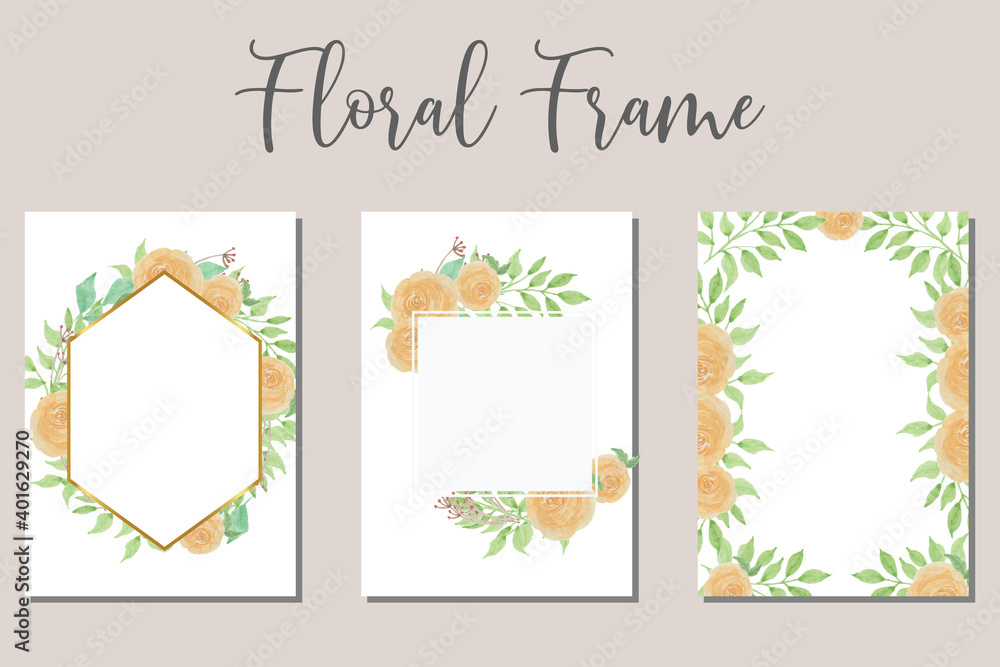 Floral frame set; flowers, leaves, watercolor, isolated on white. Sketched wreath, floral and herbs garland with green, greenery color. Hand drawn Vector Watercolour style