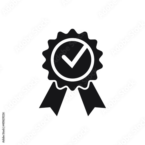 Black icon approved or certified medal. Isolated on white background. Flat design vector illustration.