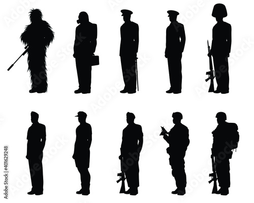 Set of soldier silhouette vector, person in black and white.