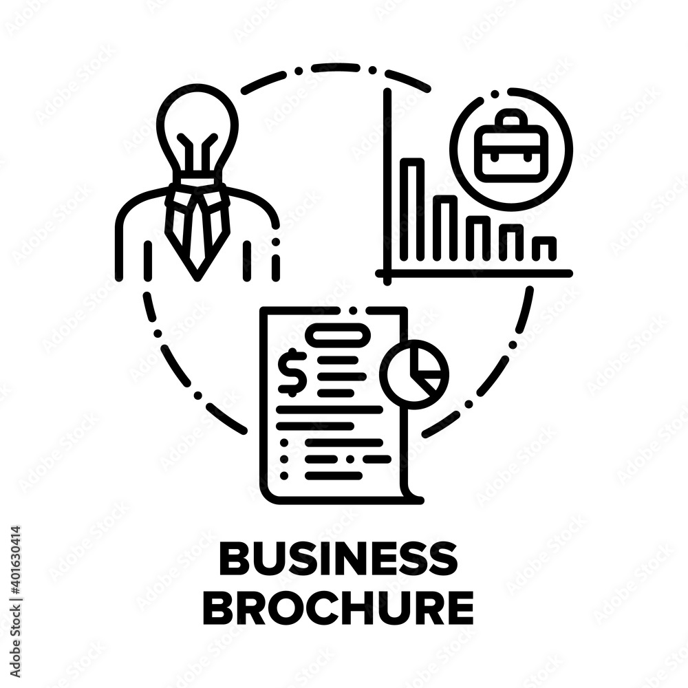 Business Brochure Booklet Vector Icon Concept. Business Idea, Financial Annual Report Infographic And Company Presentation Or Statistic Card. Typography Leaflet Sheet Black Illustration Business Brochure Booklet Vector Icon Concept. Business Idea, Financial Annual Report Infographic And Company Presentation Or Statistic Card. Typography Leaflet Sheet Black Illustration