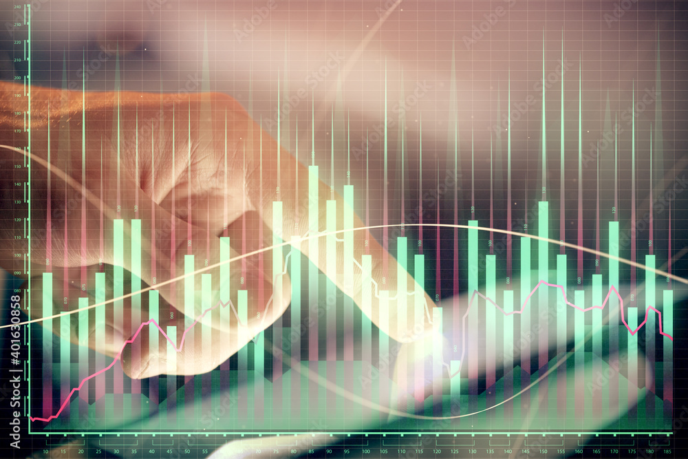 Multi exposure of man's hands holding and using a phone and financial chart drawing. Market analysis concept. Multi exposure of man's hands holding and using a phone and financial chart drawing. Market analysis concept.