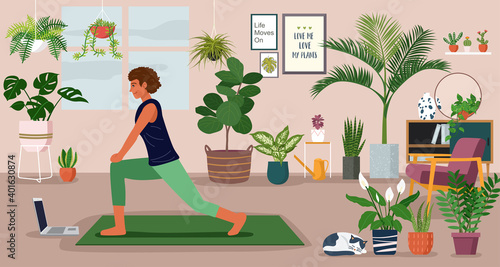 Stay at home concept, young woman excercising over a video call in a living room decorated with indoor plants