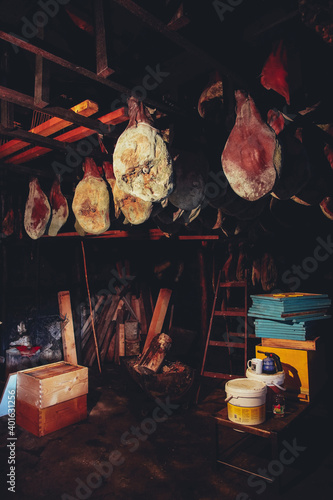 Dried homemade ham in local stores in Njegusi, Montenegro photo