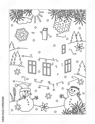 Small house, or cabin, in winter scene and two snowmen full page connect the dots puzzle and coloring page
