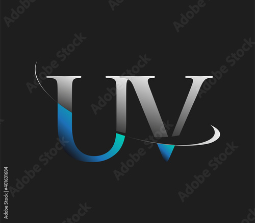 UV initial logo company name colored blue and white swoosh design, isolated on dark background. vector logo for business and company identity.