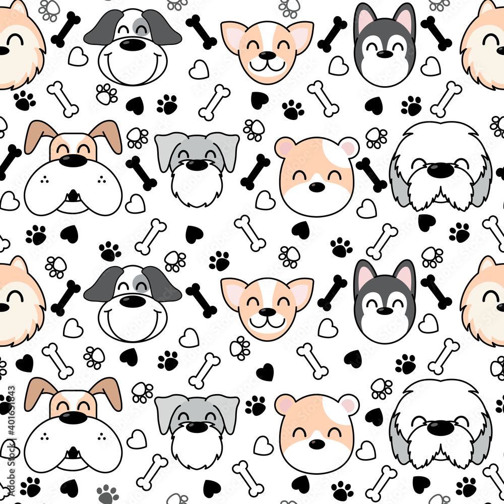 Fototapeta premium Cute Dogs pattern, different dogs seamless wallpaper, Celebrations and Valentine's day concept.