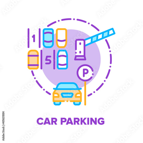 Car Parking Vector Icon Concept. Car Parking Barrier And Road Sign For Park Automobile, Underground Garage And Street Park With Free Places And Parked Transports Color Illustration