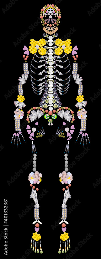 Hard drugs, pills, syringes. Сollage in the form of a human skeleton on black background. Hard drugs, pills, syringes. Сollage in the form of a human skeleton on black background.