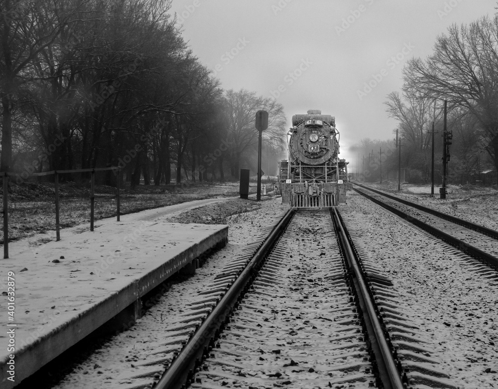 steam locomotive ghost on an old railway platform