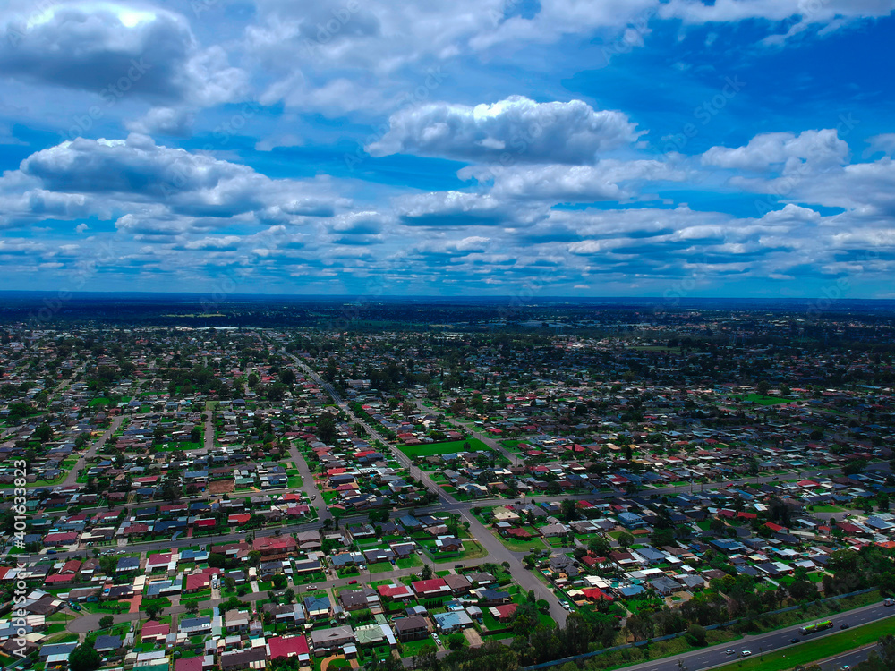 Panoramic drone aerial view over St Clair Sydney western suburbs NSW Australia