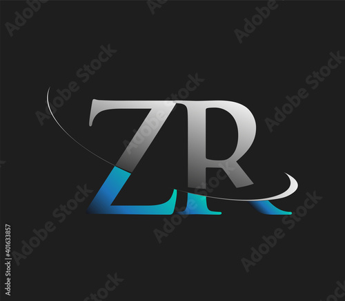 ZR initial logo company name colored blue and white swoosh design, isolated on dark background. vector logo for business and company identity.