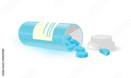 Open plastic container with spilled blue tablets. Vector aspirin medication from headache, prevention pain syndrome, painkillers. Healthcare design isolated on white background