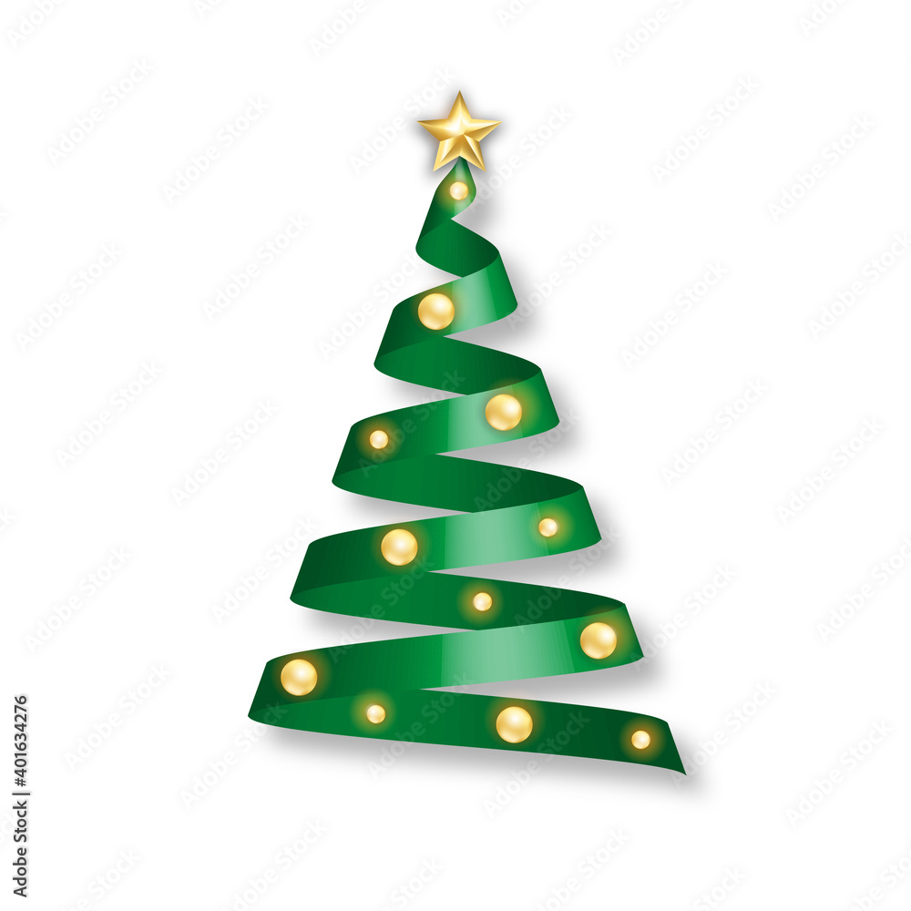 Green ribbon christmas tree with golden balls and star Green ribbon christmas tree with golden balls and star