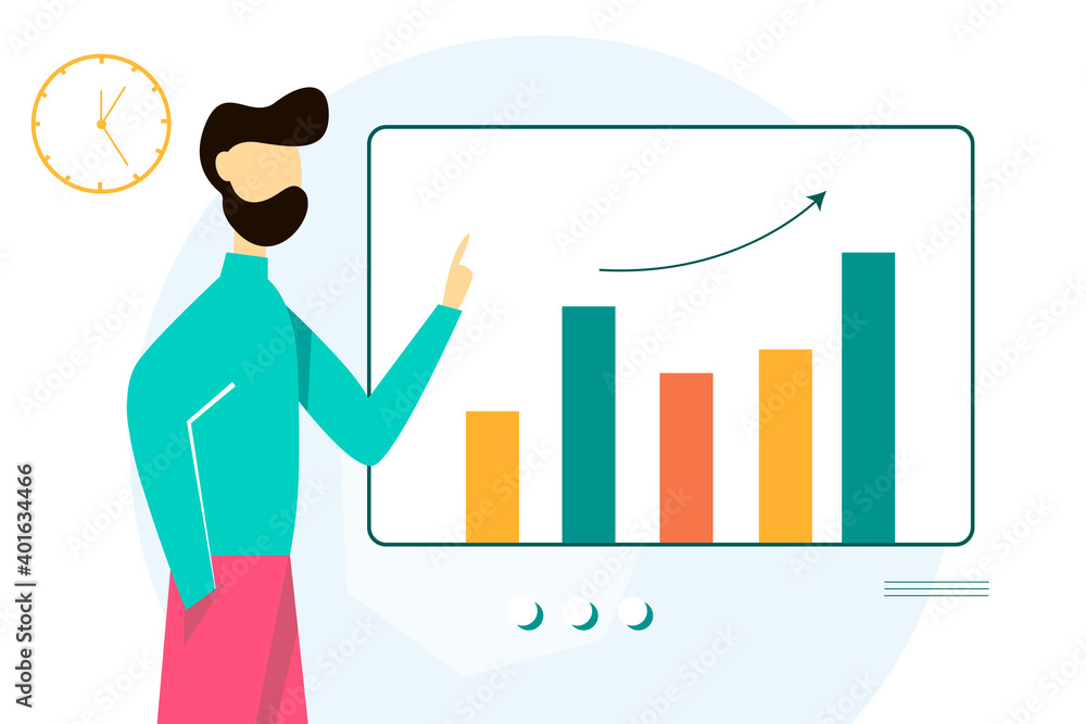 Business meeting, generation of business ideas, discussion of investment opportunities. The businessman proposes a new business strategy. Vector illustration in a flat style. Business meeting, generation of business ideas, discussion of investment opportunities. The businessman proposes a new business strategy. Vector illustration in a flat style.
