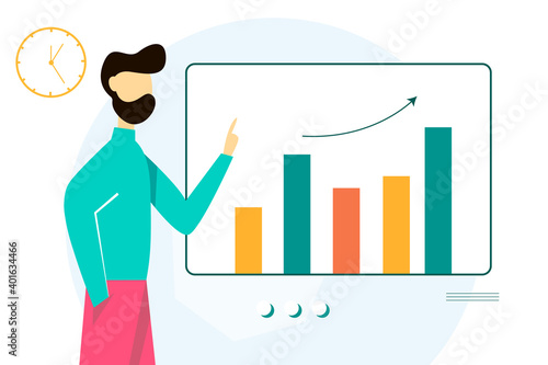 Business meeting, generation of business ideas, discussion of investment opportunities. The businessman proposes a new business strategy. Vector illustration in a flat style.