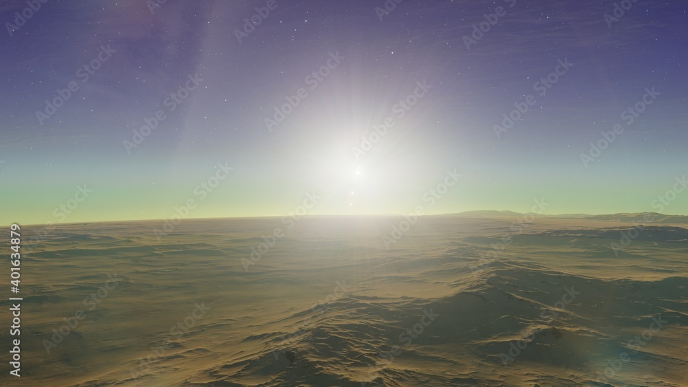Fototapeta premium alien planet landscape, science fiction illustration, view from a beautiful planet, beautiful space background 3d render 