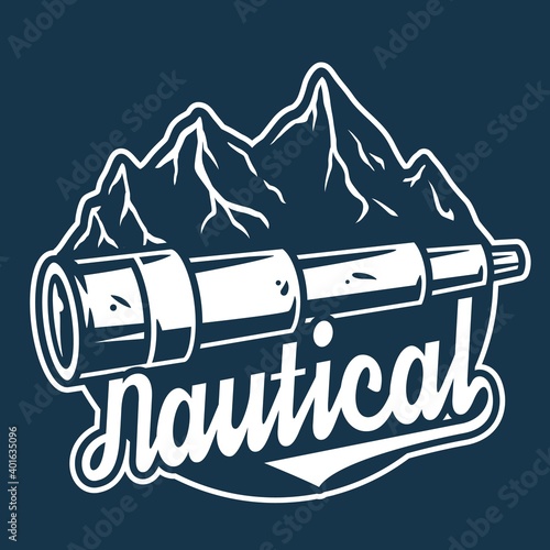 Marine optical spyglass with mountain. Nautical wanderlust sea adventure illustration