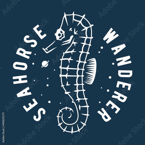Marine seahorse into starry sky space. Nautical wanderlust and adventure illustration. Ocean explorer
