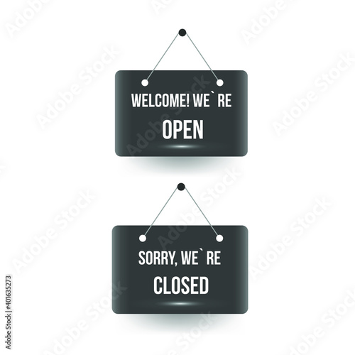 Come in we're open or closed in signboard with a rope on white background. Vector