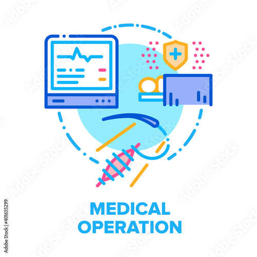 Medical Operation Patient Vector Icon Concept. Medicine Operation Electronic Equipment For Monitoring And Protect Human Health, Surgery Operating Room Device, Suturing Wound Color Illustration