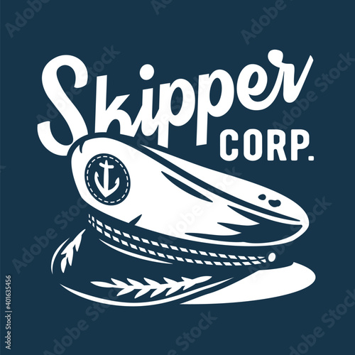 Marine skipper cap or captain hat. Nautical wanderlust and adventure illustration. Ocean explorer sailor logo
