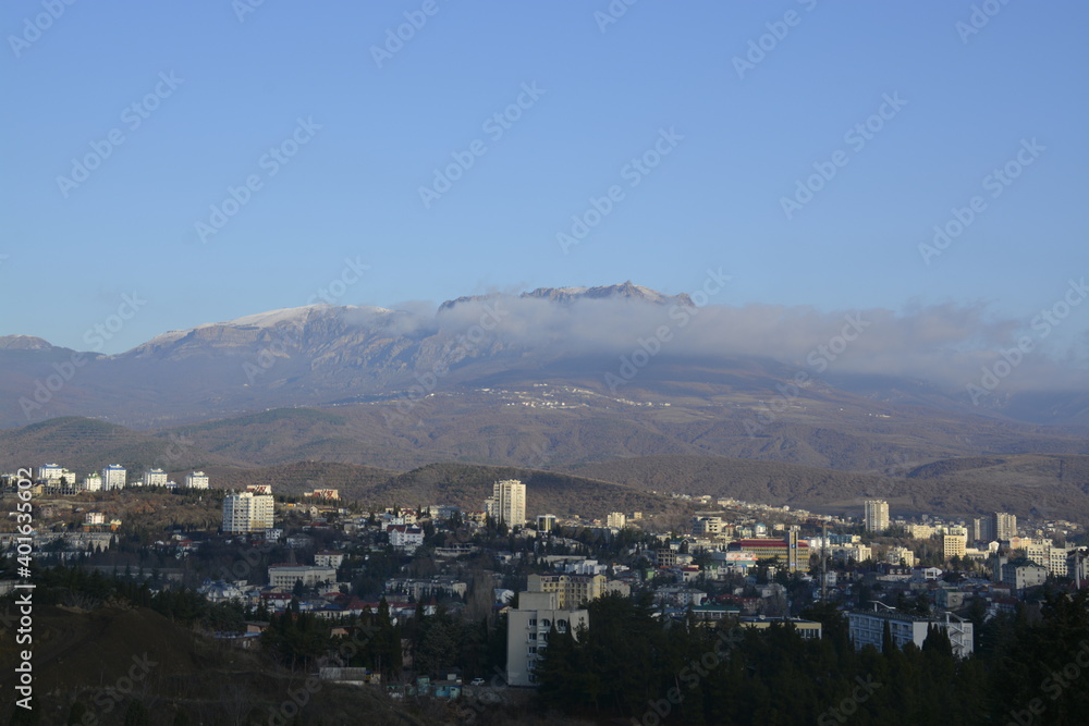 Morning in Alushta. View of Mount Demerdzhi. Republic of Crimea. Russia.