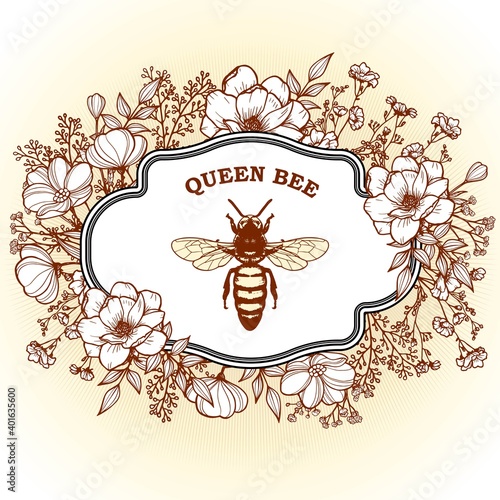 Elegant vintage victorian herbal apothecary label with queen bee and flowers