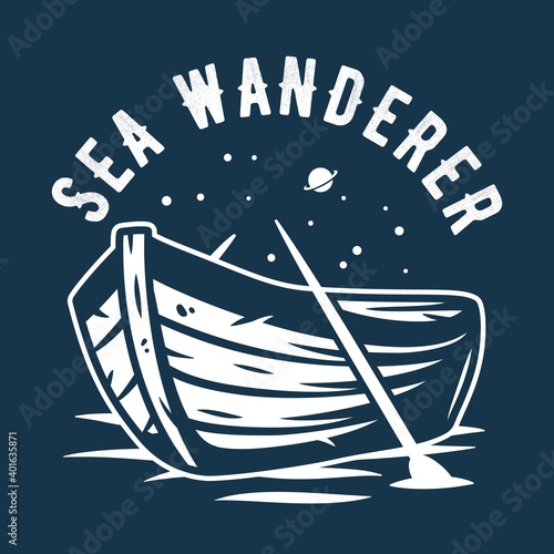 Marine boat and starry sky space. Nautical wanderlust and adventure illustration. Travel outside