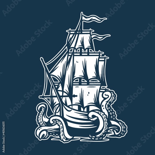 Marine ship and octopus at the sea. Nautical wanderlust and adventure illustration. Ocean devilfish